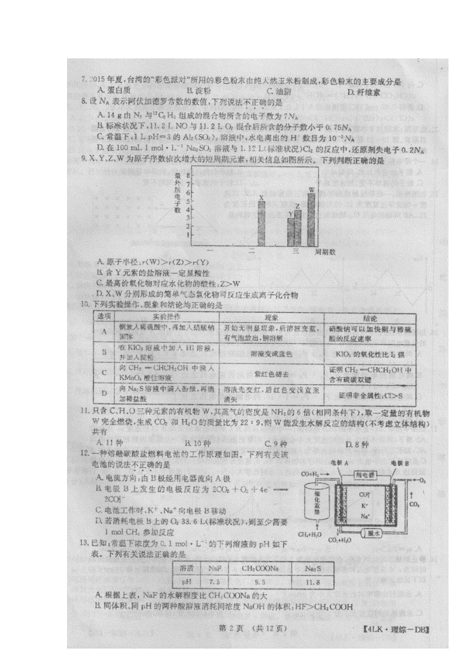 全国大联考2016届高三上学期第四次联考理科综合试卷化学部分 扫描版含答案.doc_第1页