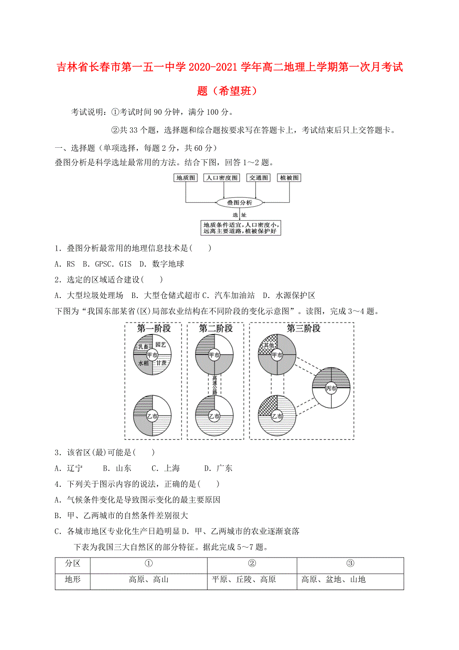 吉林省长春市第一五一中学2020-2021学年高二地理上学期第一次月考试题（希望班）.doc_第1页