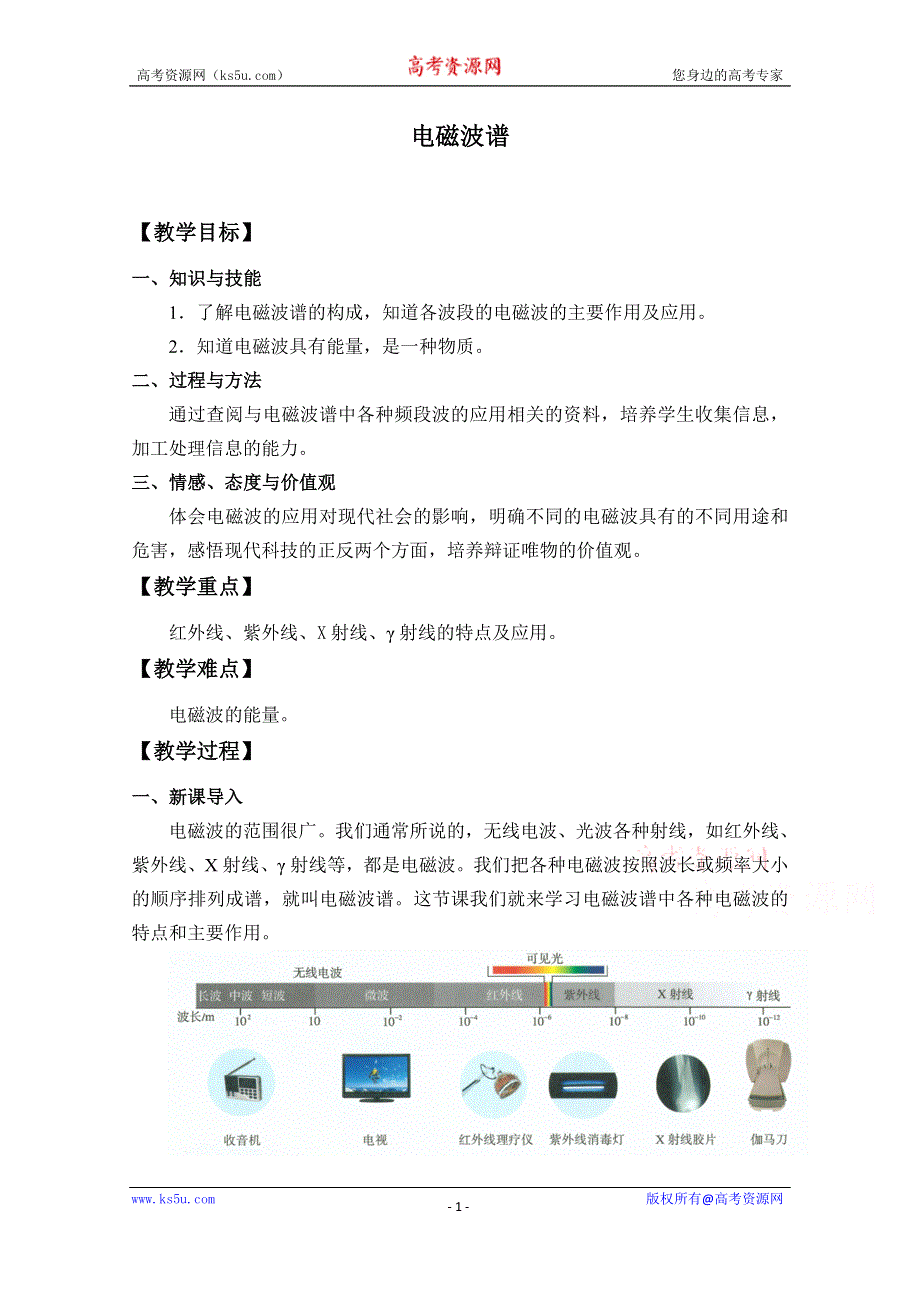 2020-2021学年新教材物理人教版选择性必修第二册教学教案：第4章 4 电磁波谱 WORD版含答案.doc_第1页