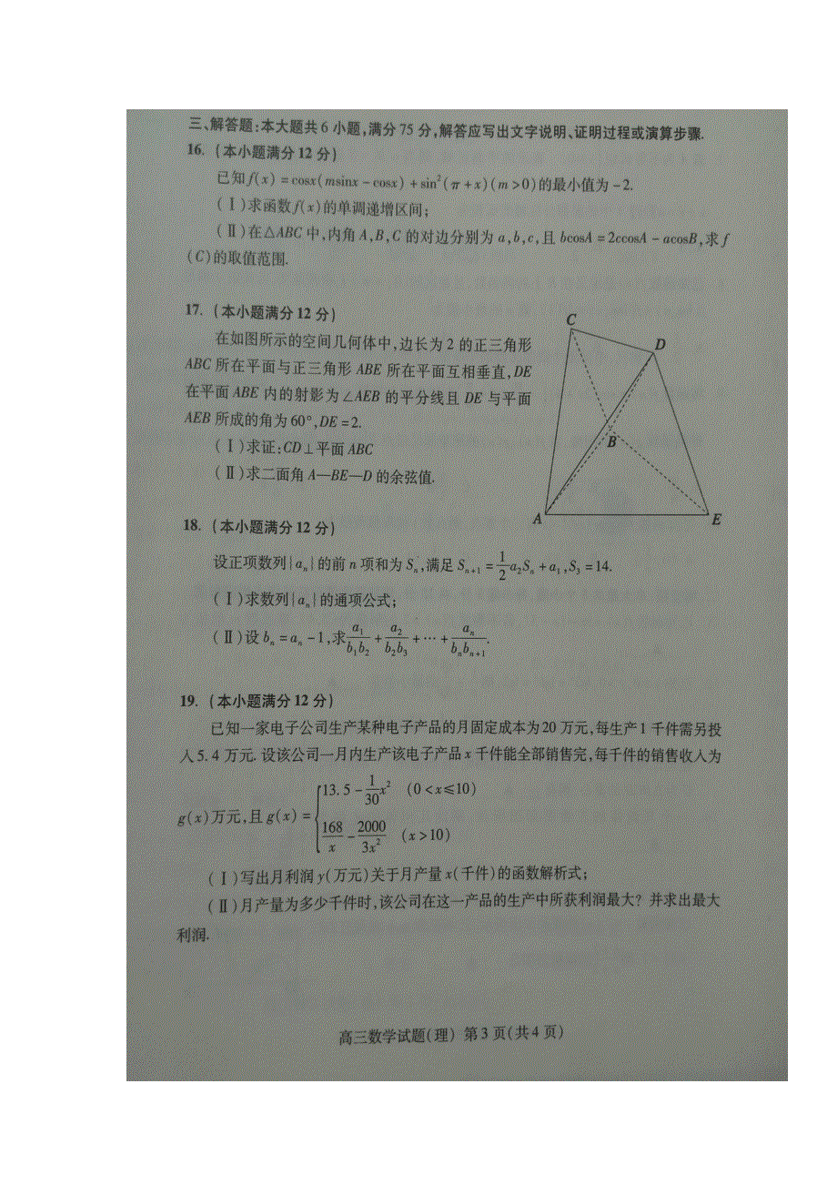 山东省泰安市2017届高三上学期期末（寒假）考试数学（理）试题 扫描版缺答案.doc_第3页