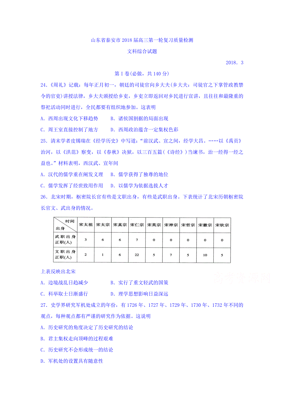 山东省泰安市2018届高三第一轮复习质量检测文综历史试题 WORD版含答案.doc_第1页