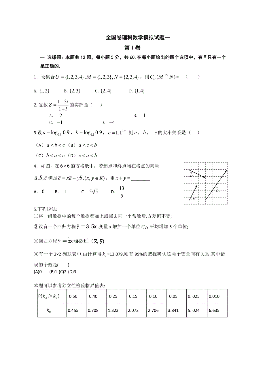 全国新课标试卷2016届高三下学期考前冲刺（一）数学（理）试题 WORD版含答案.doc_第1页