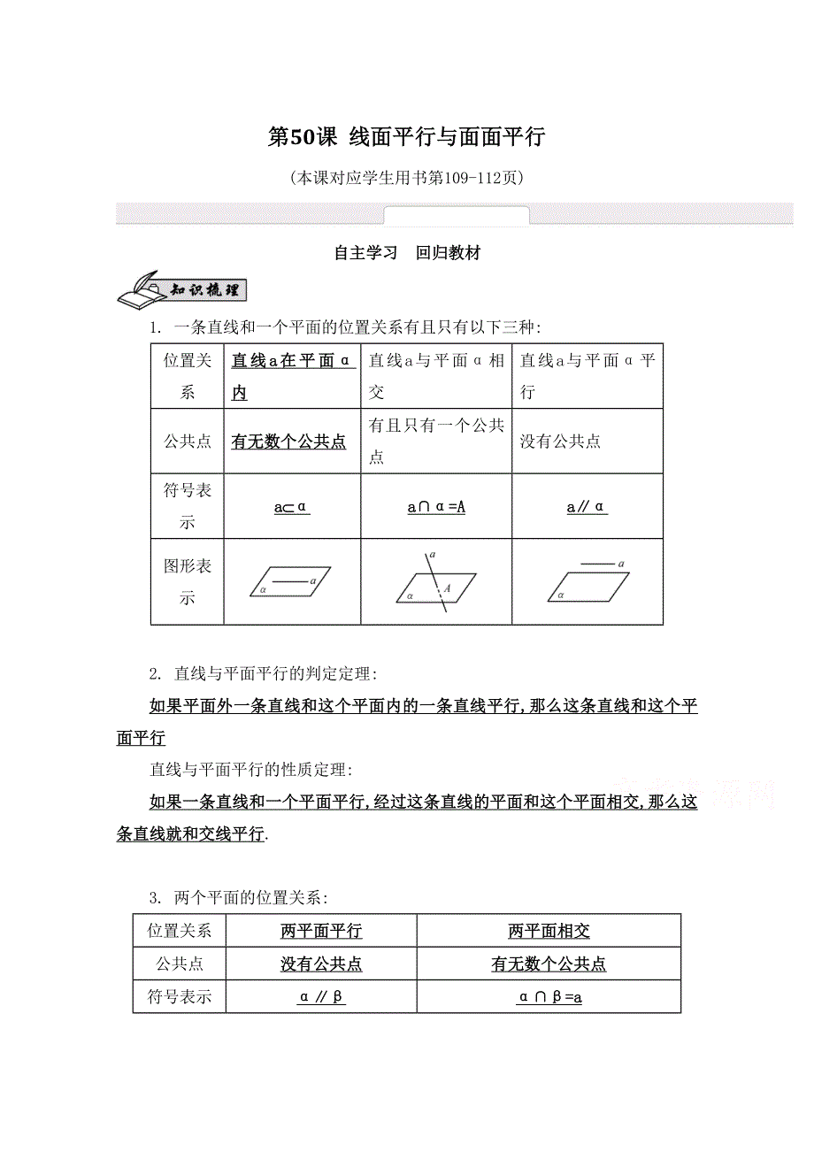 2016届高三数学（江苏专用文理通用）大一轮复习 第九章 立体几何初步 第50课 线面平行与面面平行《自主学习》.doc_第1页