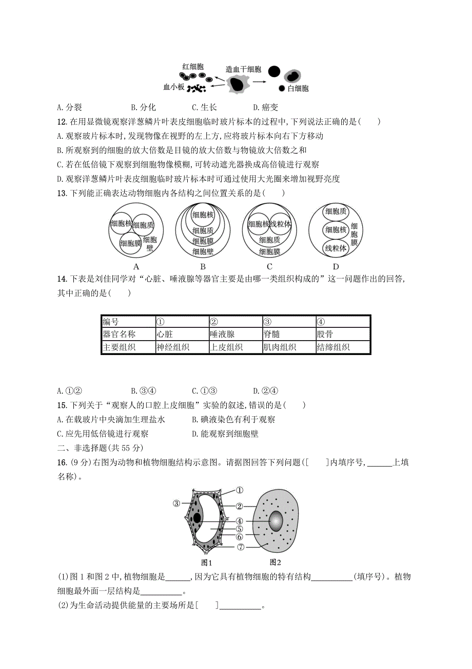 2022七年级生物上册 第2单元 生物体的结构层次测评 （新版）苏教版.docx_第2页