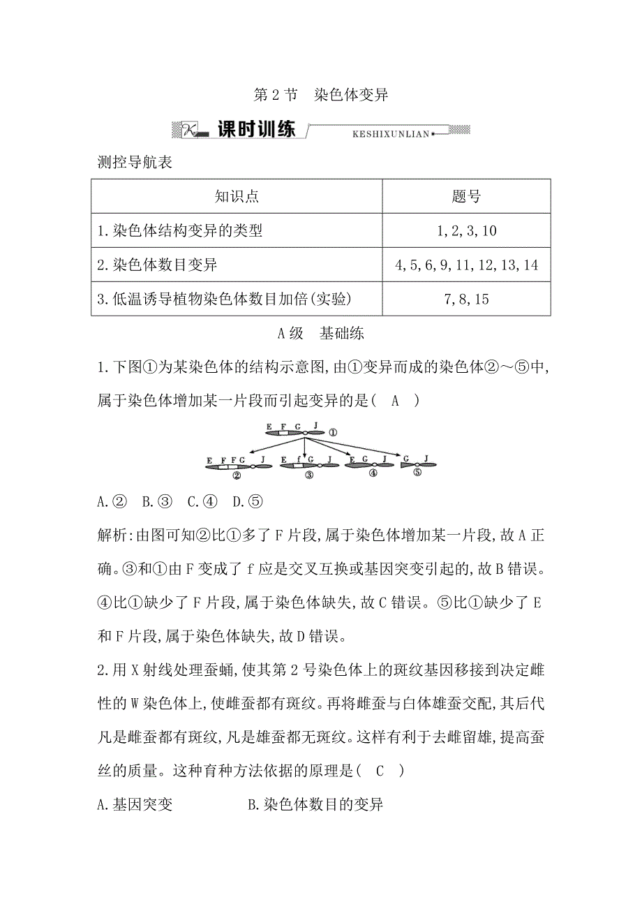 《导与练》2015-2016学年高一生物人教版必修2课时训练：第2节　染色体变异 WORD版含解析.doc_第1页