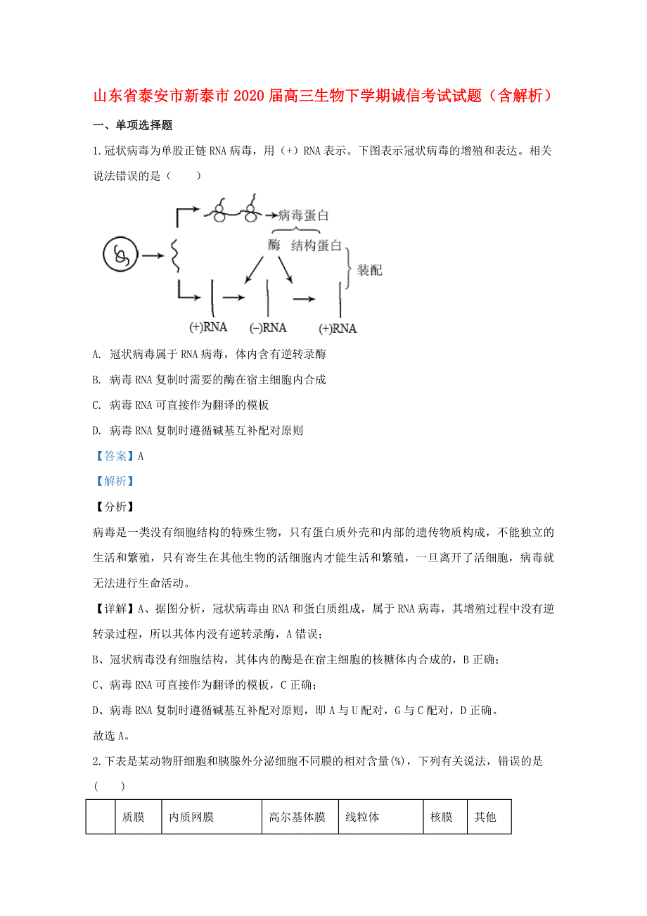 山东省泰安市新泰市2020届高三生物下学期诚信考试试题（含解析）.doc_第1页