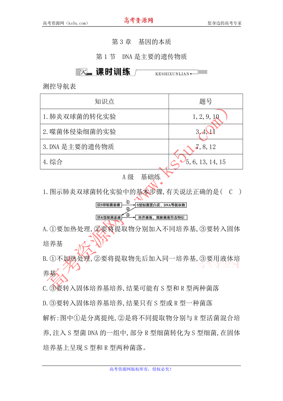 《导与练》2015-2016学年高一生物人教版必修2课时训练：第1节　DNA是主要的遗传物质 WORD版含解析.doc_第1页