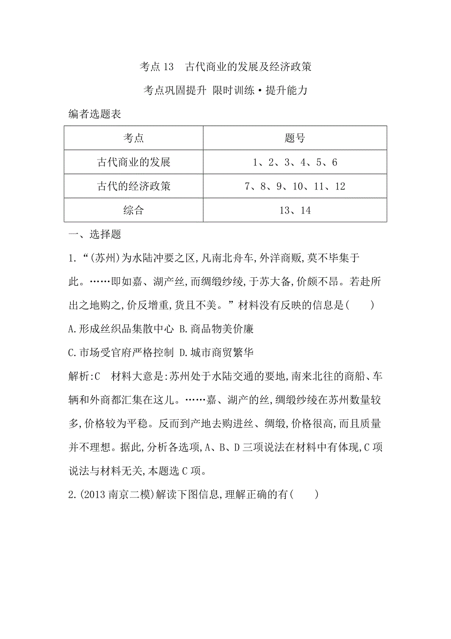 《导与练》2015届高三历史（人教版）一轮考点专练：考点13　古代商业的发展及经济政策（含14新题详解）.doc_第1页