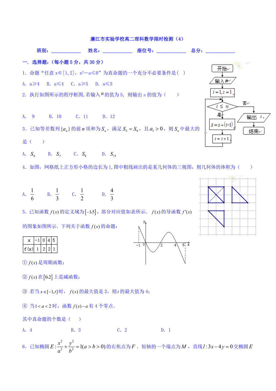 广东省廉江市实验学校2016-2017学年高二下学期限时检测（4）数学（理）试题 WORD版缺答案.doc_第1页