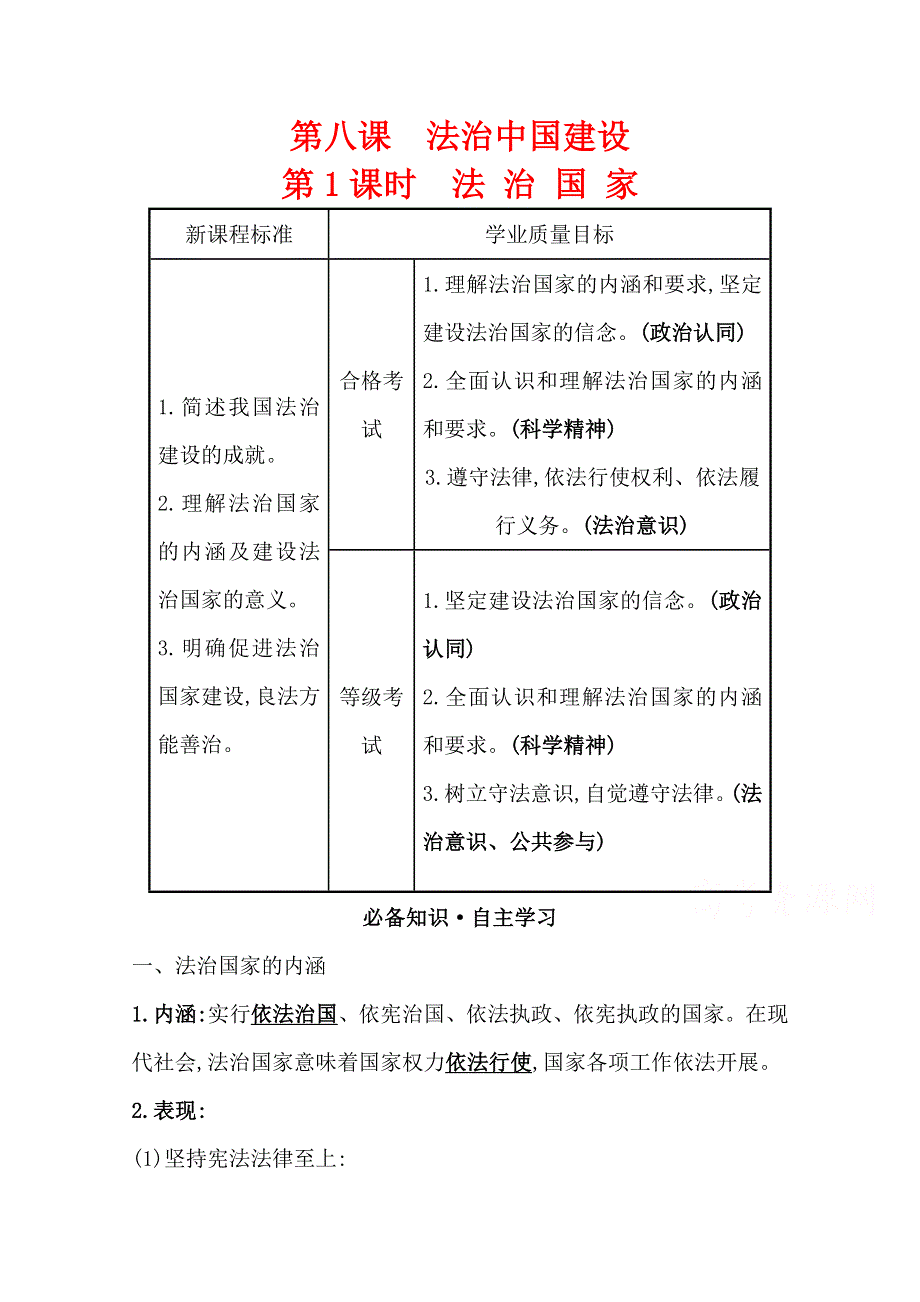 新教材2021-2022学年政治部编版必修第三册浙江专用学案：3-8-1 法治国家 WORD版含解析.doc_第1页