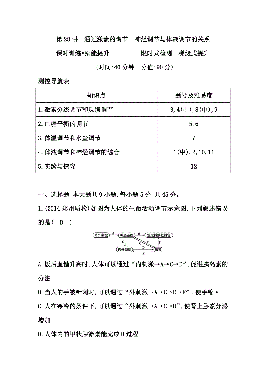 《导与练》2015届高三生物一轮总复习限时训练 第28讲　通过激素的调节　神经调节与体液调节的关系 WORD版含答案.doc_第1页