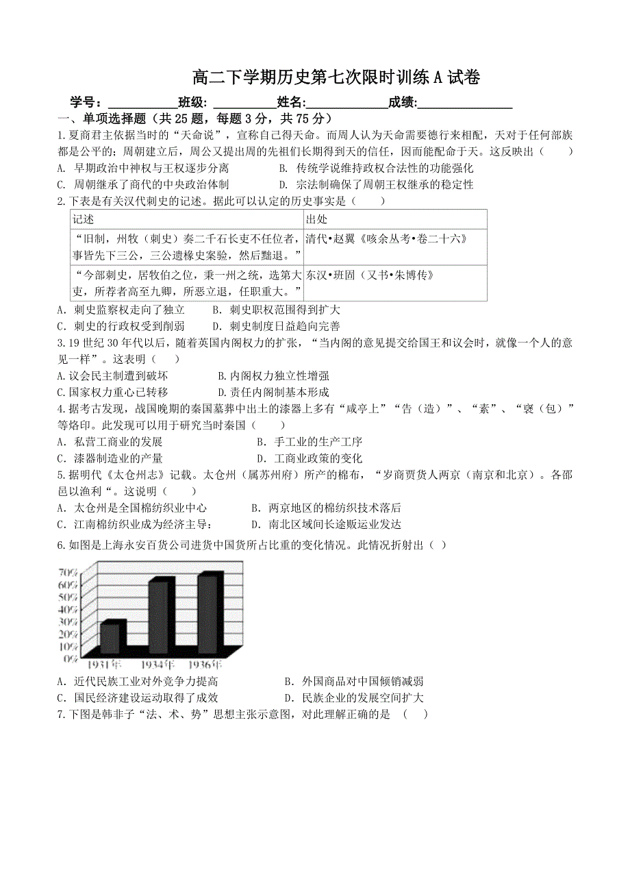 广东省廉江市实验学校2019-2020学年高二下学期第七次限时训练历史试题（A班） WORD版含答案.doc_第1页