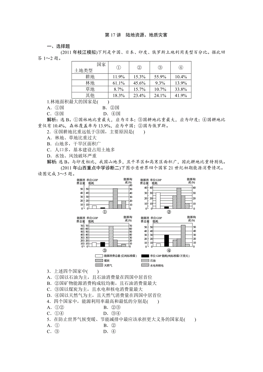 2012年优化方案大一轮地理复习（课时作业）： 第17讲 陆地资源、地质灾害.doc_第1页