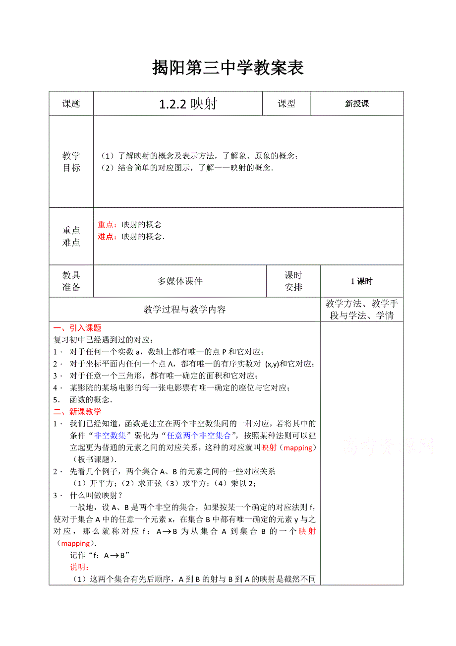 《精品推荐》广东省揭阳第三中学人教A版高中数学必修一教案：第一章 集合与函数概念1-2-2映射.doc_第1页