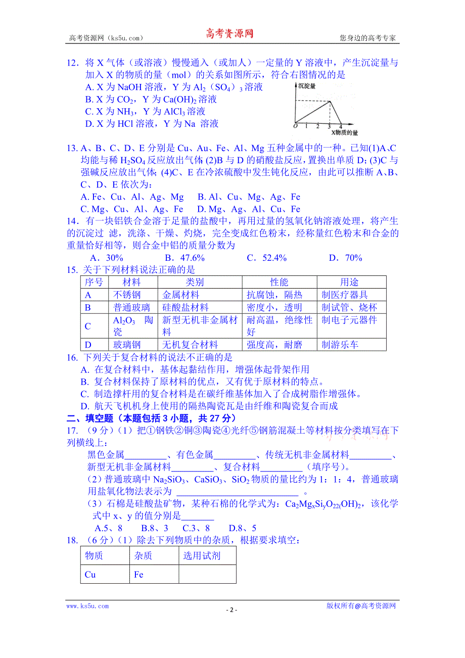 山东省泰安市肥城市第三中学化学高一鲁教版学案必修一：第4章《材料家族中的元素》测试题（2013-2014学年）.doc_第2页