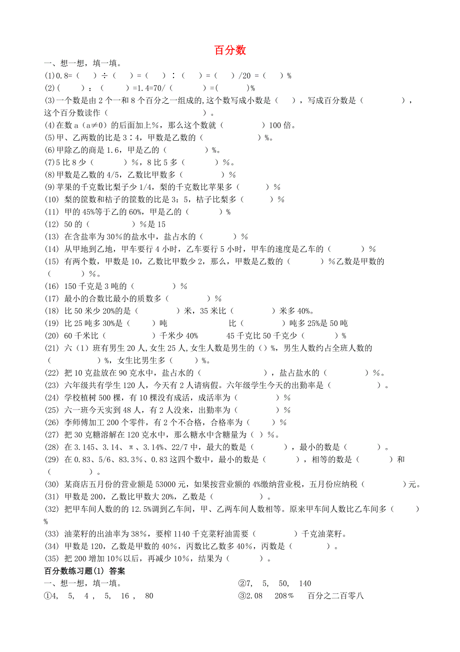 六年级数学上册 六 百分数练习题 苏教版.doc_第1页