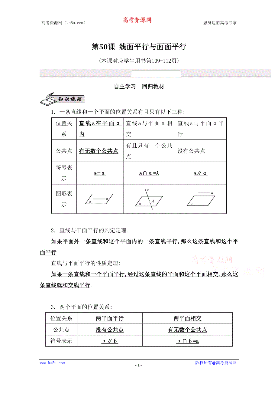 2016届高三数学（江苏专用文理通用）大一轮复习 第九章 立体几何初步 第50课 线面平行与面面平行《自主学习》.doc_第1页