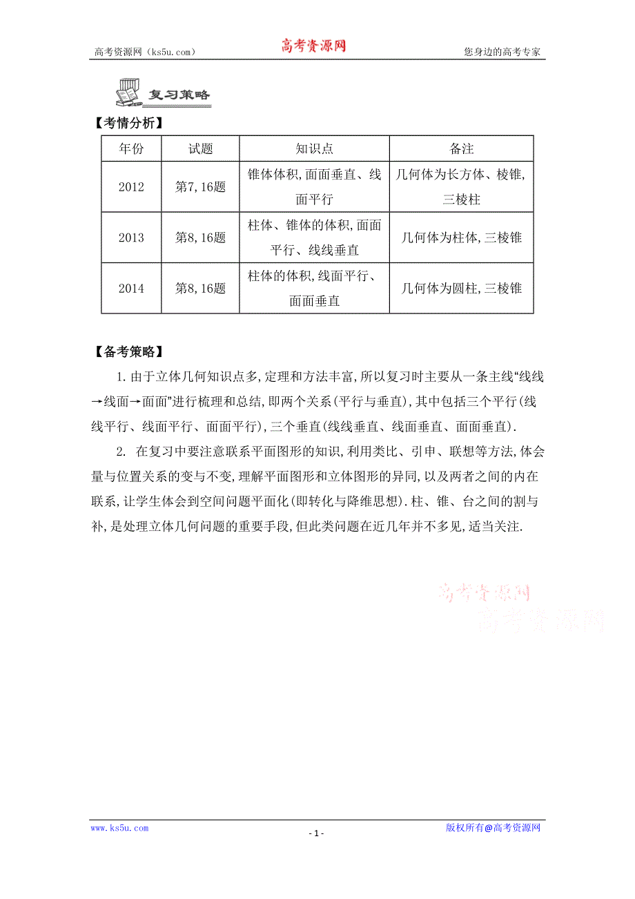 2016届高三数学（江苏专用文理通用）大一轮复习 第九章 立体几何初步 第九章 立体几何初步《复习策略》.doc_第1页