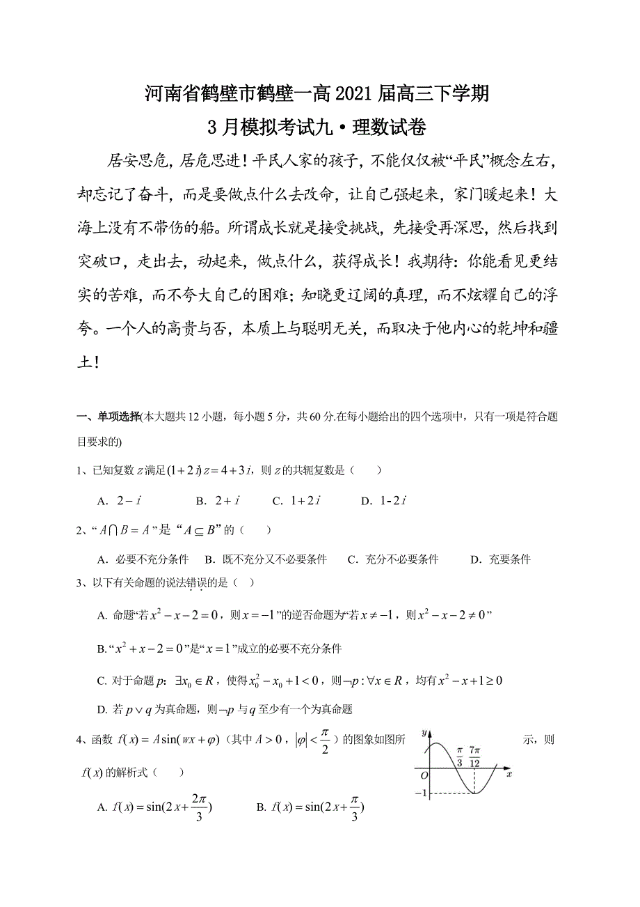 河南省鹤壁市鹤壁一高2021届高三下学期3月模拟考试九数学（理）试题 PDF版含答案.pdf_第1页