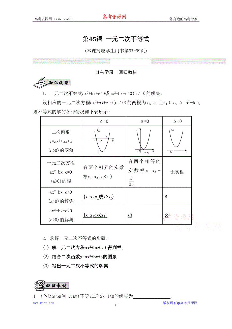 2016届高三数学（江苏专用文理通用）大一轮复习 第八章 不等式 第45课 一元二次不等式《自主学习》.doc_第1页