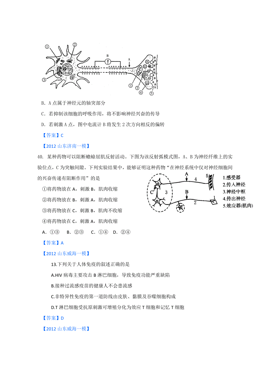 2012山东省各地高三一模生物分类汇编10：生命活动的调节（选择题部分）.doc_第2页