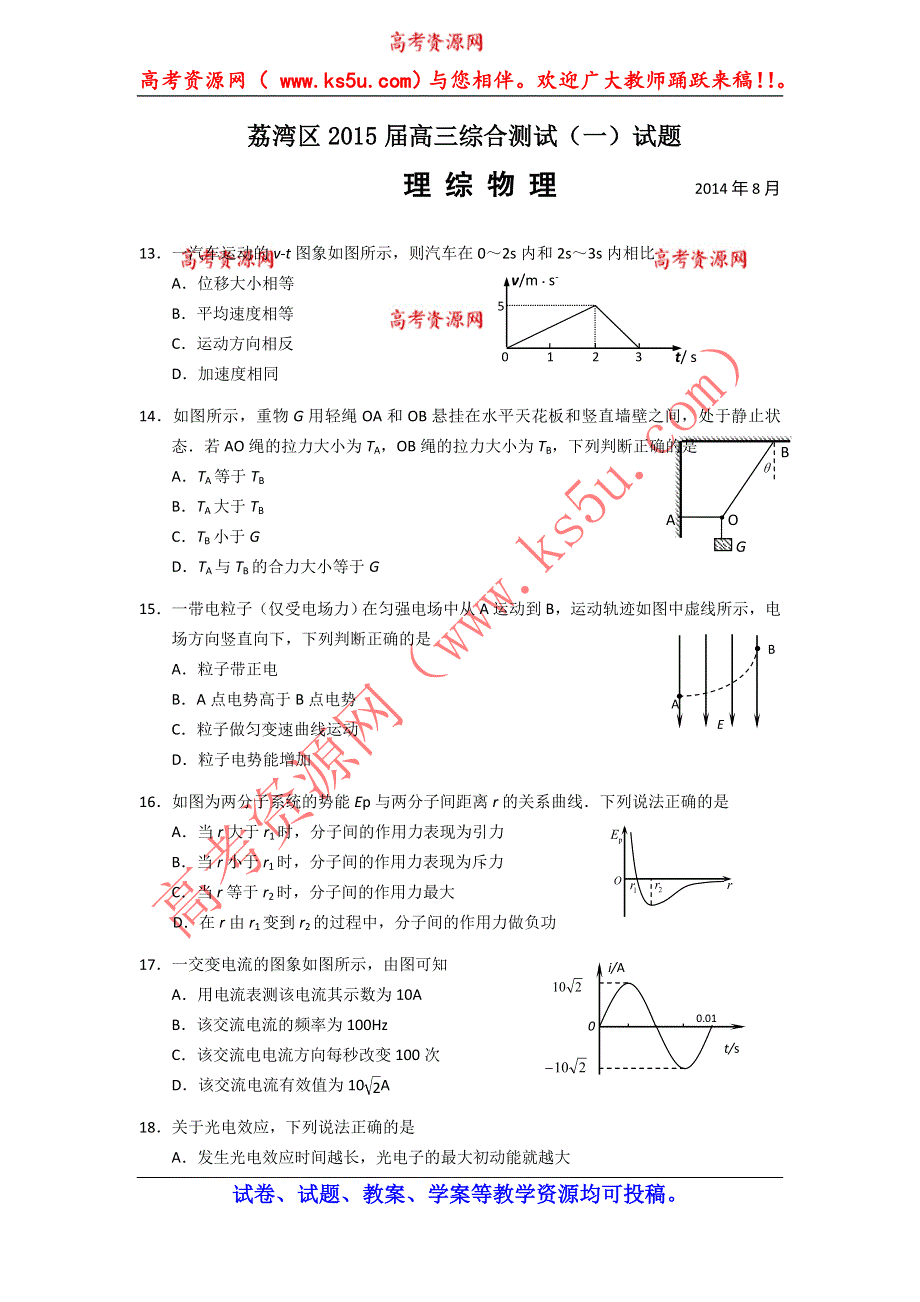 广东省广州市荔湾区2015届高三综合测试（一）理综物理试题 WORD版含答案.doc_第1页