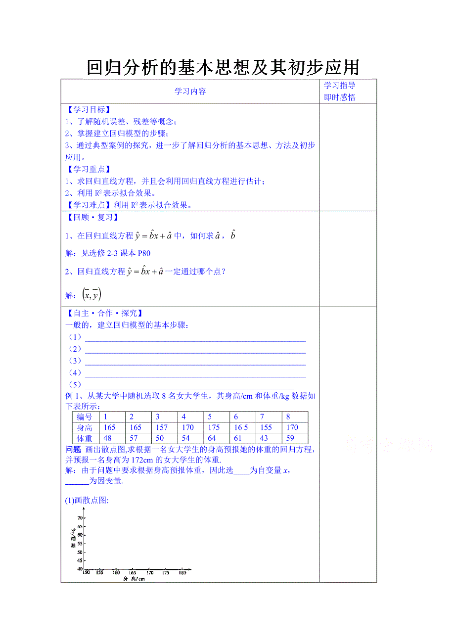 山东省泰安市肥城市第三中学数学高中人教A版学案选修2-3：回归分析的基本.doc_第1页