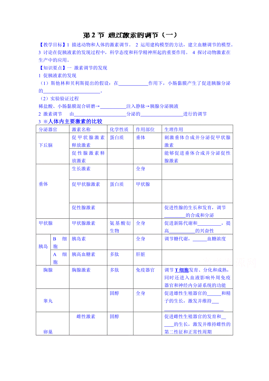 2014-2015学年山东省聊城市第四中学高中生物（人教版）必修三学案：2.2通过激素的调节（1）.doc_第1页