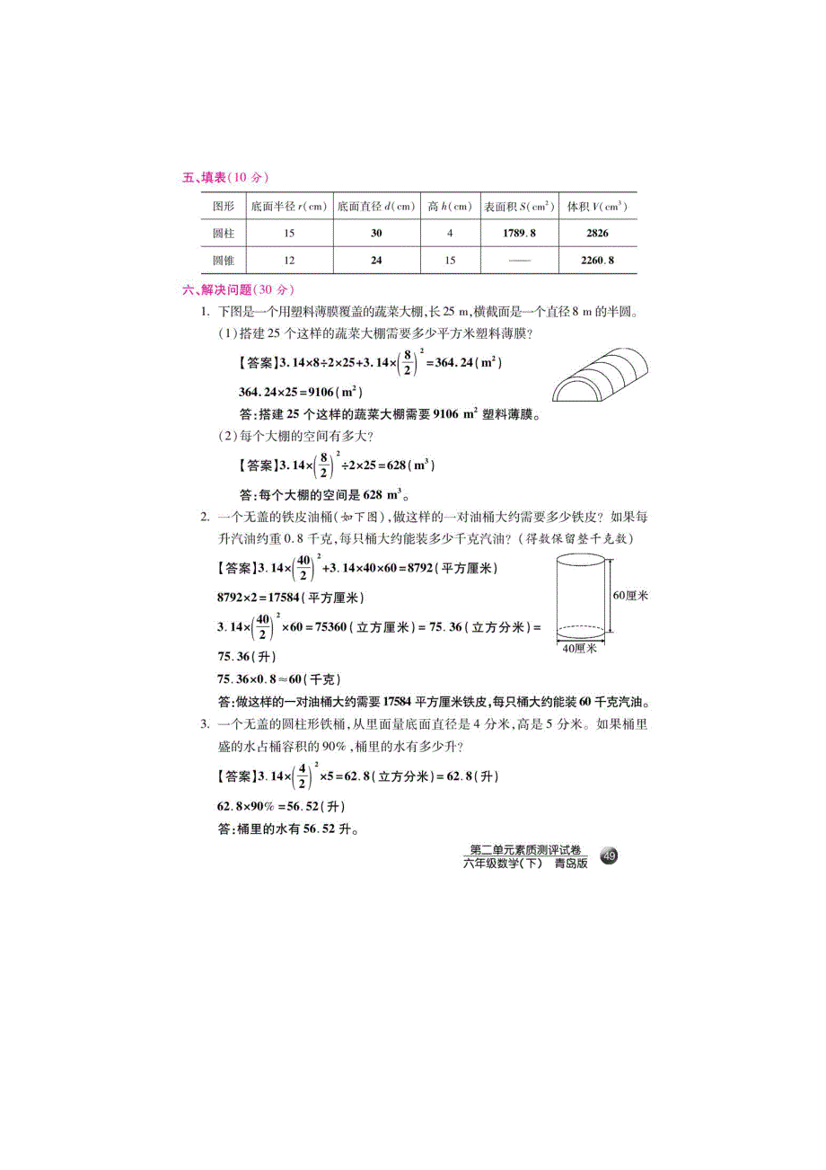 六年级数学下册 二 冰淇淋盒有多大——圆柱和圆锥单元素质测评试卷（扫描版） 青岛版六三制.doc_第3页