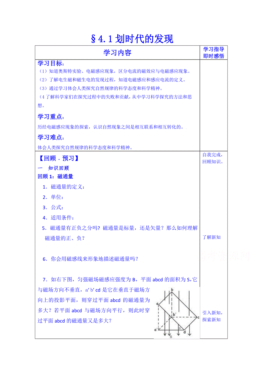 山东省泰安市肥城市第三中学物理高中人教版学案选修3-2：4.1划时代的发现.doc_第1页