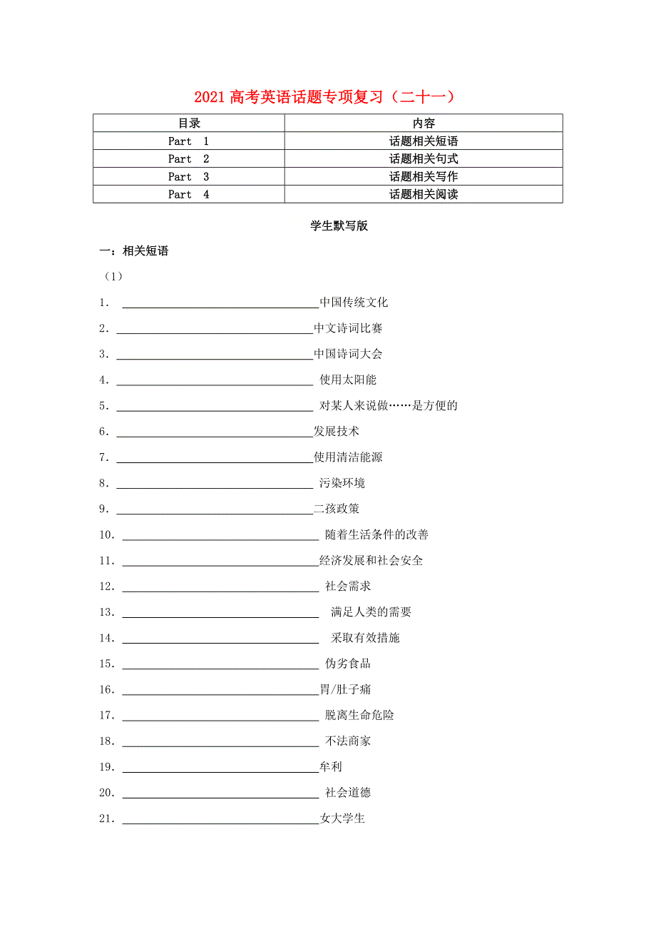 2021届高考英语二轮复习 话题专项复习（二十一）（含解析）.doc_第1页