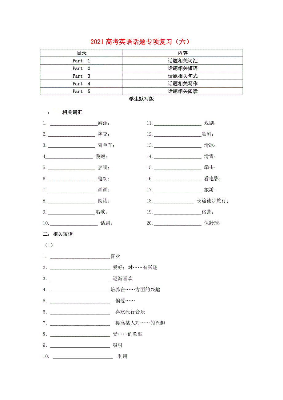 2021届高考英语二轮复习 话题专项复习（六）（含解析）.doc_第1页