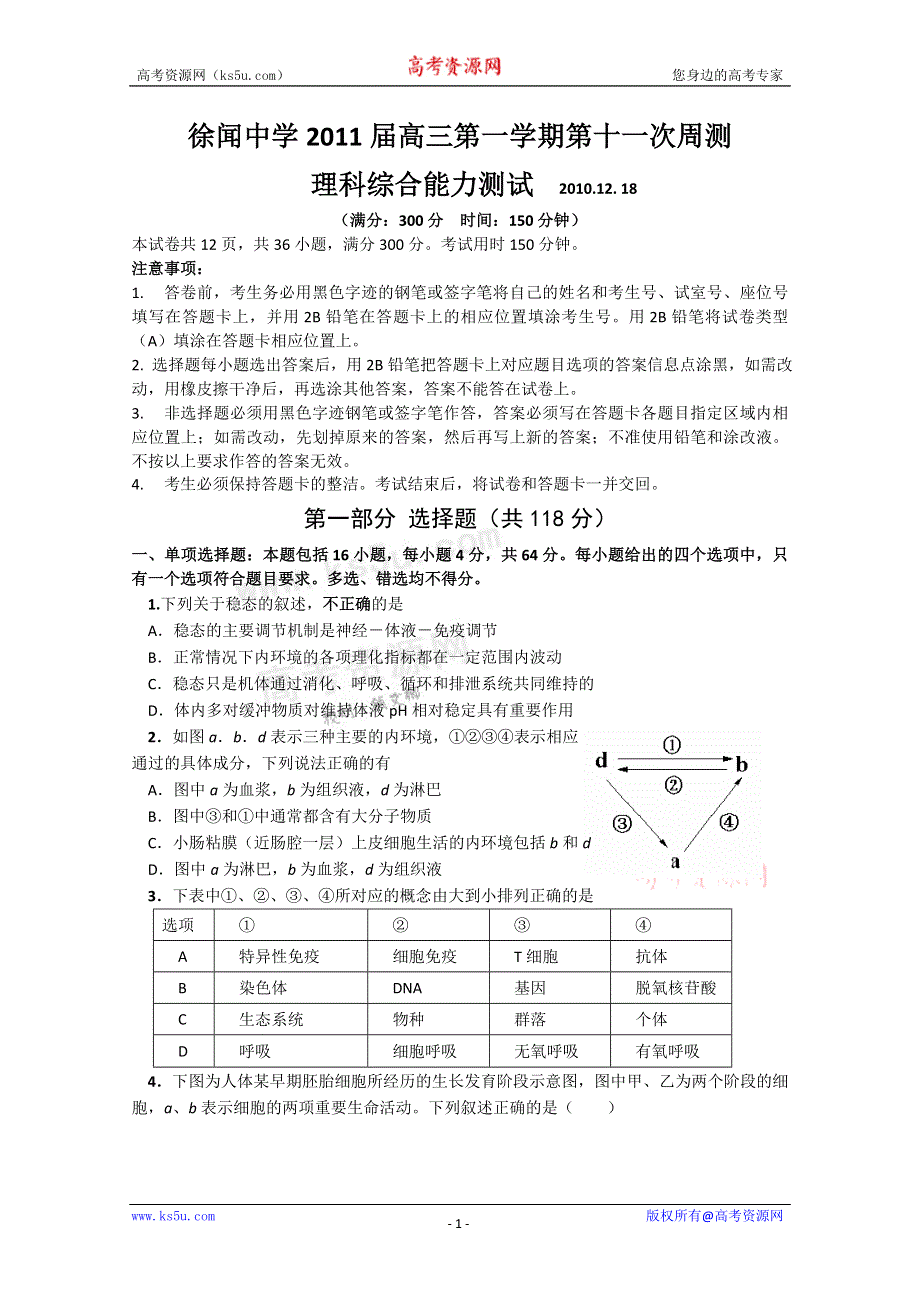 广东省徐闻中学2011届高三上学期第十一次周测（理综）.doc_第1页