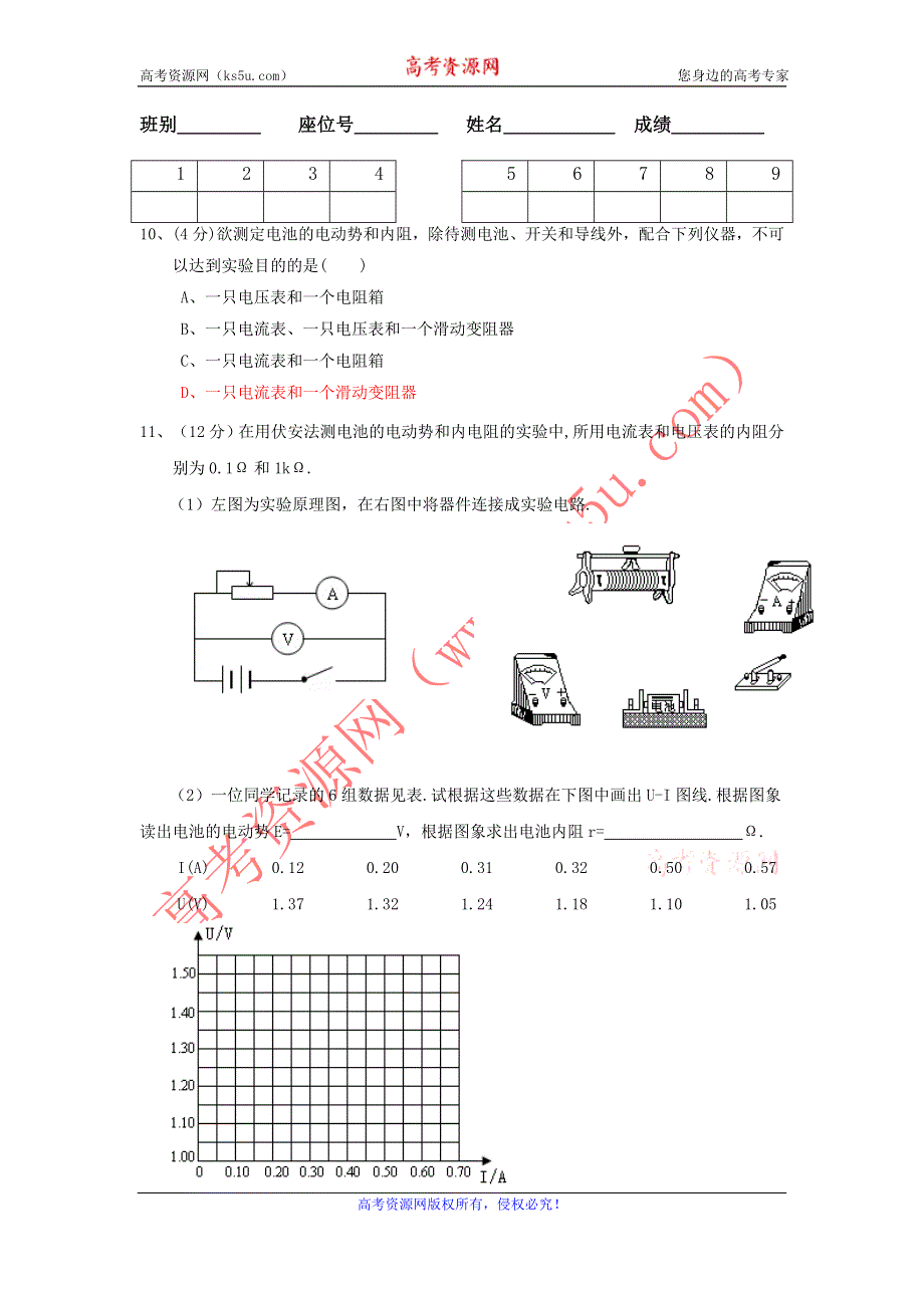 广东省徐闻一中11-12学年高二第一学期第11周周测试题（物理）.doc_第3页