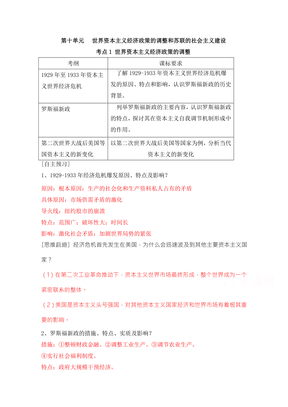 《导与练》2017届高考历史一轮复习之优质学案：第十单元世界资本主义经济政策的调整和苏联的社会主义建设 WORD版含解析.doc_第1页