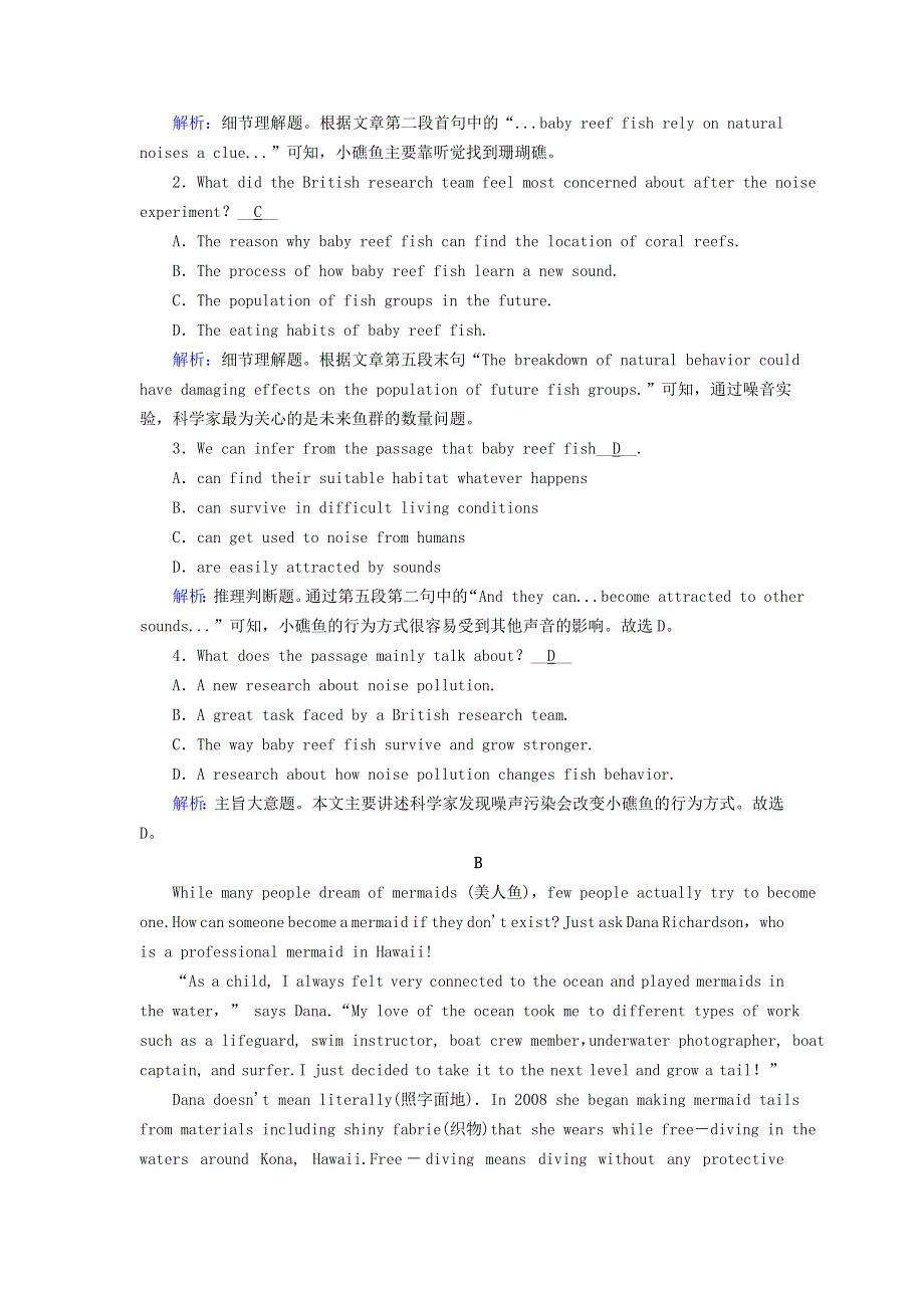 2020秋高中英语 Unit 3 Under the sea Section 2训练与检测（含解析）新人教版选修7.doc_第2页