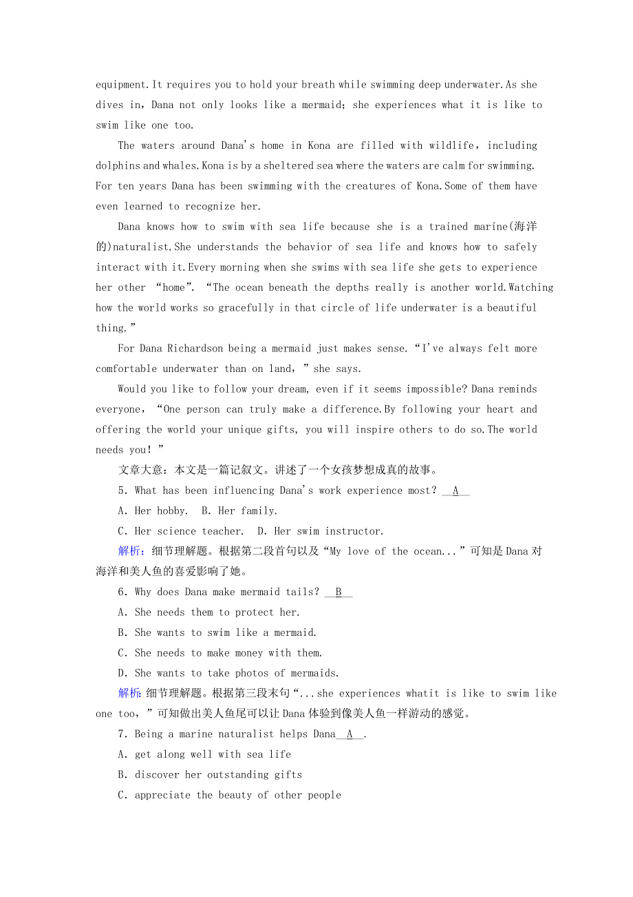 2020秋高中英语 Unit 3 Under the sea Section 2训练与检测（含解析）新人教版选修7.doc_第3页