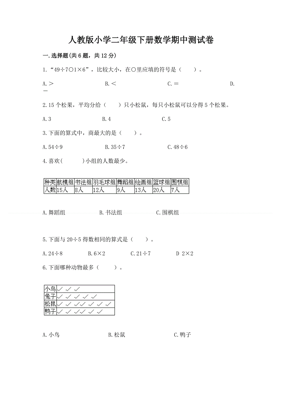 人教版小学二年级下册数学期中测试卷及答案【全优】.docx_第1页