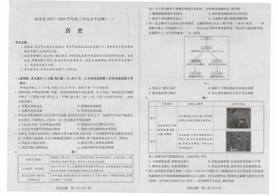 海南省2023-2024高三历史上学期11月学业水平诊断考试试题(一)(pdf).pdf_第1页