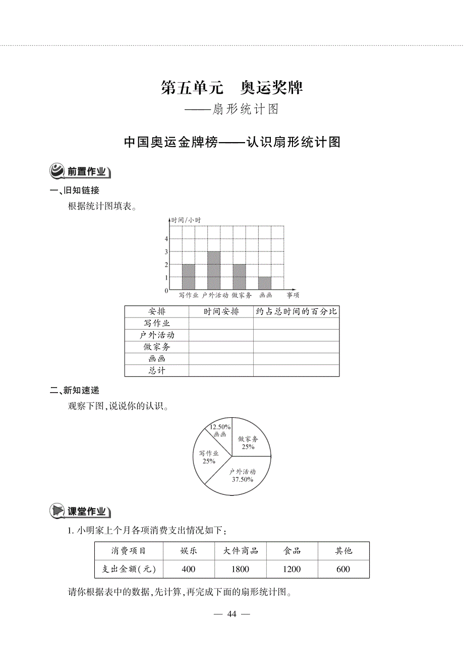 六年级数学下册 第五单元 奥运奖牌——扇形统计图 中国奥运金牌榜——认识扇形统计图作业（pdf无答案） 青岛版六三制.pdf_第1页