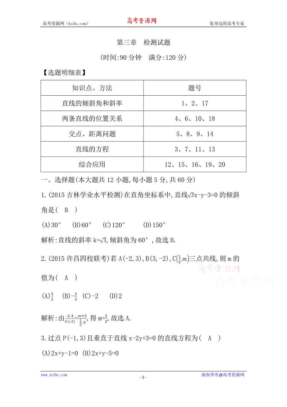 《导与练》2016人教版高中数学人教A版必修2检测题 第三章 直线与方程 检测试题 WORD版含答案.doc_第1页