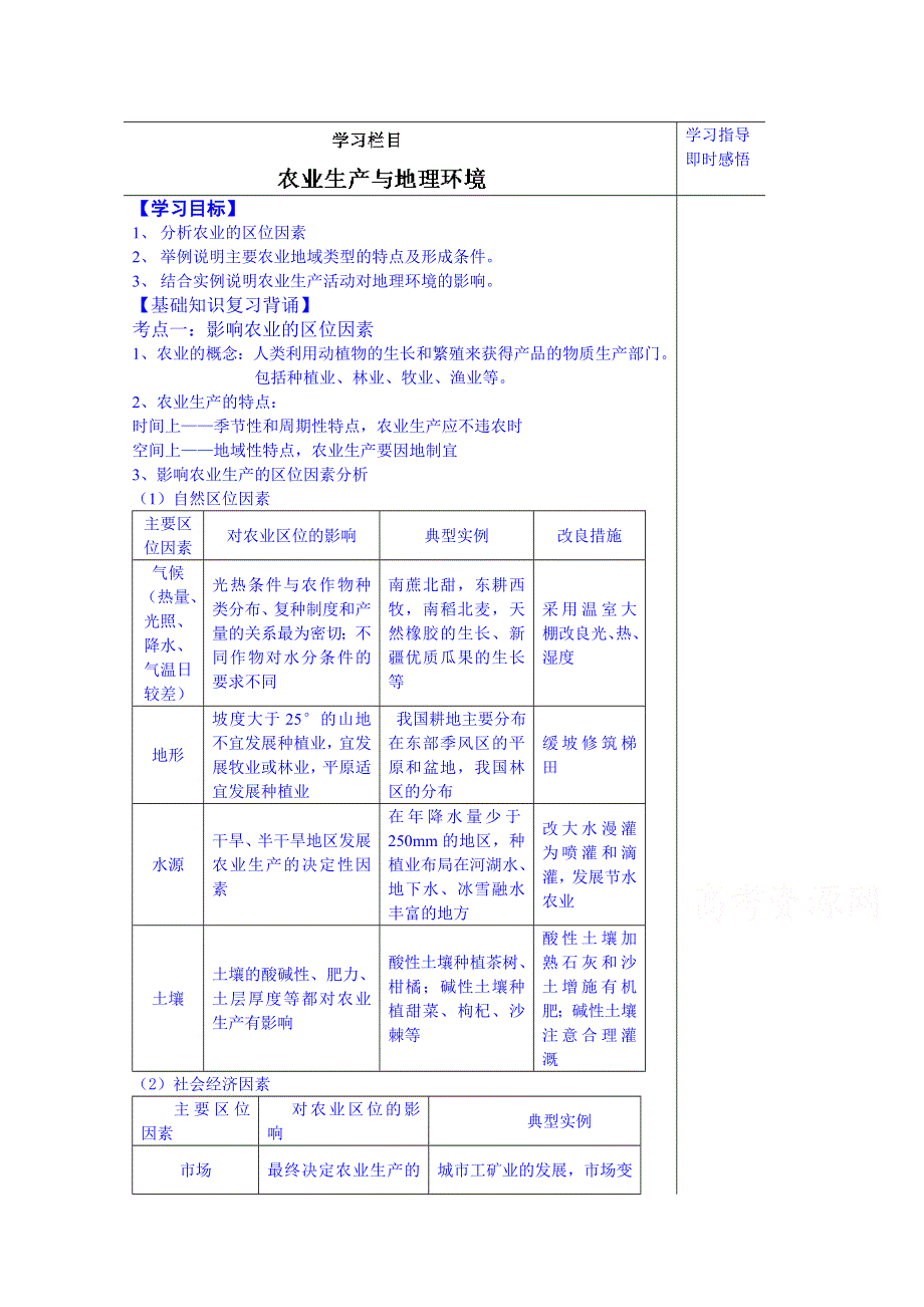 山东省泰安市肥城市第三中学地理高二鲁教版《世界地理》复习导学案：26农业生产与地理环境.doc_第1页