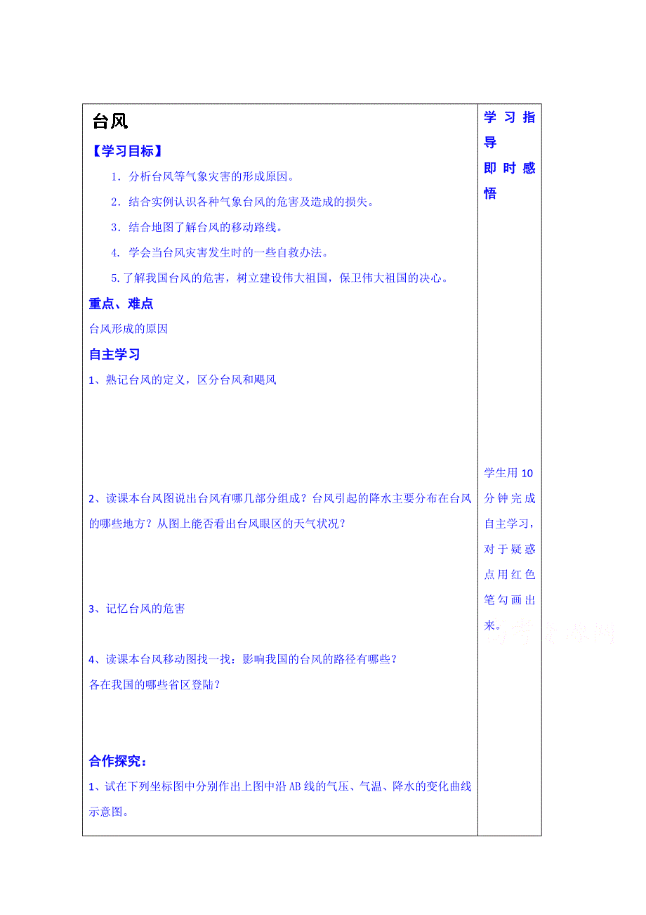 山东省泰安市肥城市第三中学地理高二鲁教版《世界地理》复习导学案：47台风复.doc_第1页