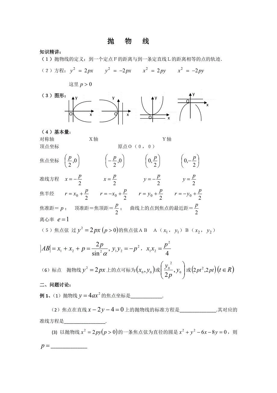 2012年广东省南民私立中学高三数学第一轮复习抛物线.doc_第1页