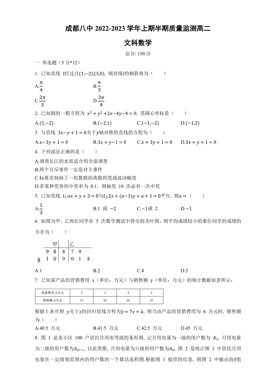 四川省成都市第八中学2022-2023学年高二上学期期中质量监测 文科数学 WORD版含答案.docx_第1页