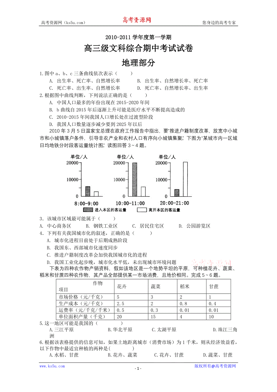 广东省执信中学2011届高三上学期期中考试（地理）.doc_第1页