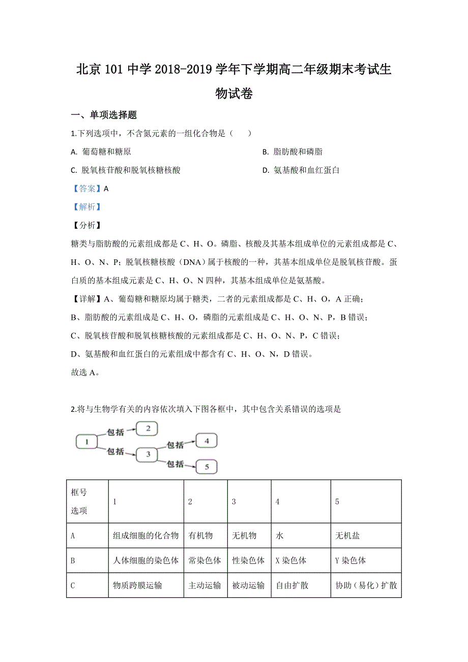 北京市101中学2018-2019学年高二下学期期末考试生物试题 WORD版含解析.doc_第1页