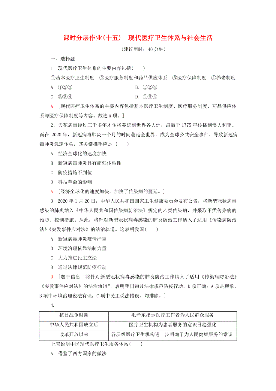 2020-2021学年新教材高中历史 第6单元 医疗与公共卫生 课时分层作业15 现代医疗卫生体系与社会生活（含解析）新人教版选择性必修2.doc_第1页