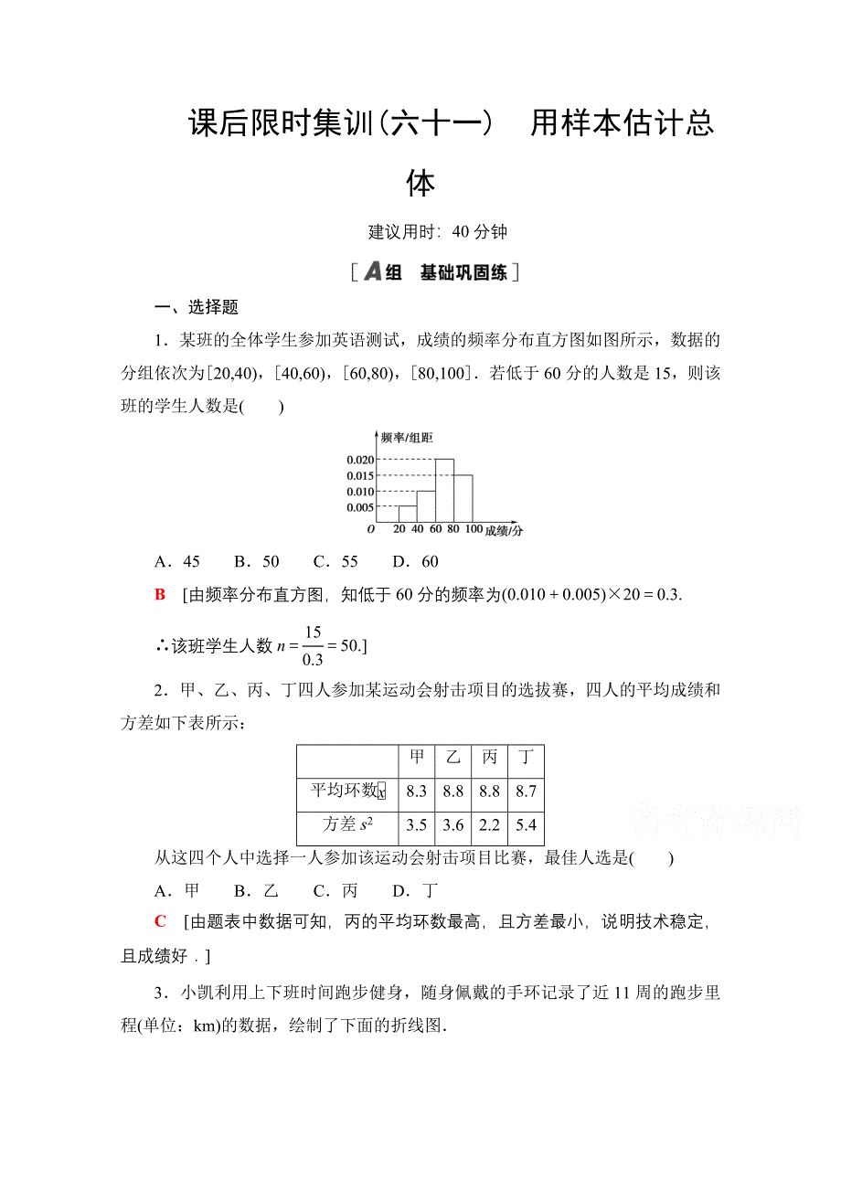 2022届高考统考数学理科人教版一轮复习课后限时集训61　用样本估计总体 WORD版含解析.doc_第1页