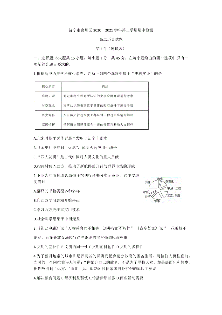 山东省济宁市兖州区2020-2021学年高二下学期期中考试历史试题 WORD版含答案.docx_第1页